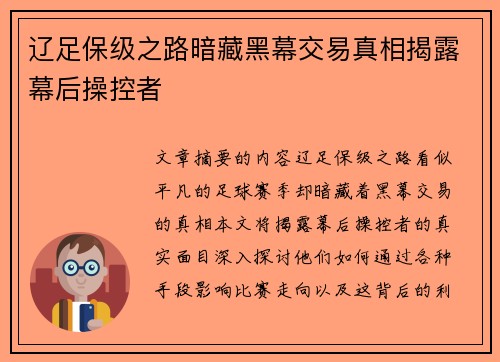 辽足保级之路暗藏黑幕交易真相揭露幕后操控者